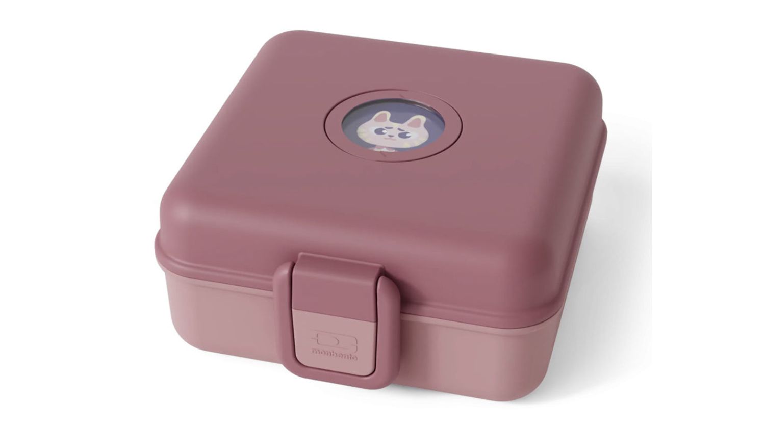 Monbento Snacky children’s bento snack box in pink with a hinged lid, front clasp, and playful animal window detail