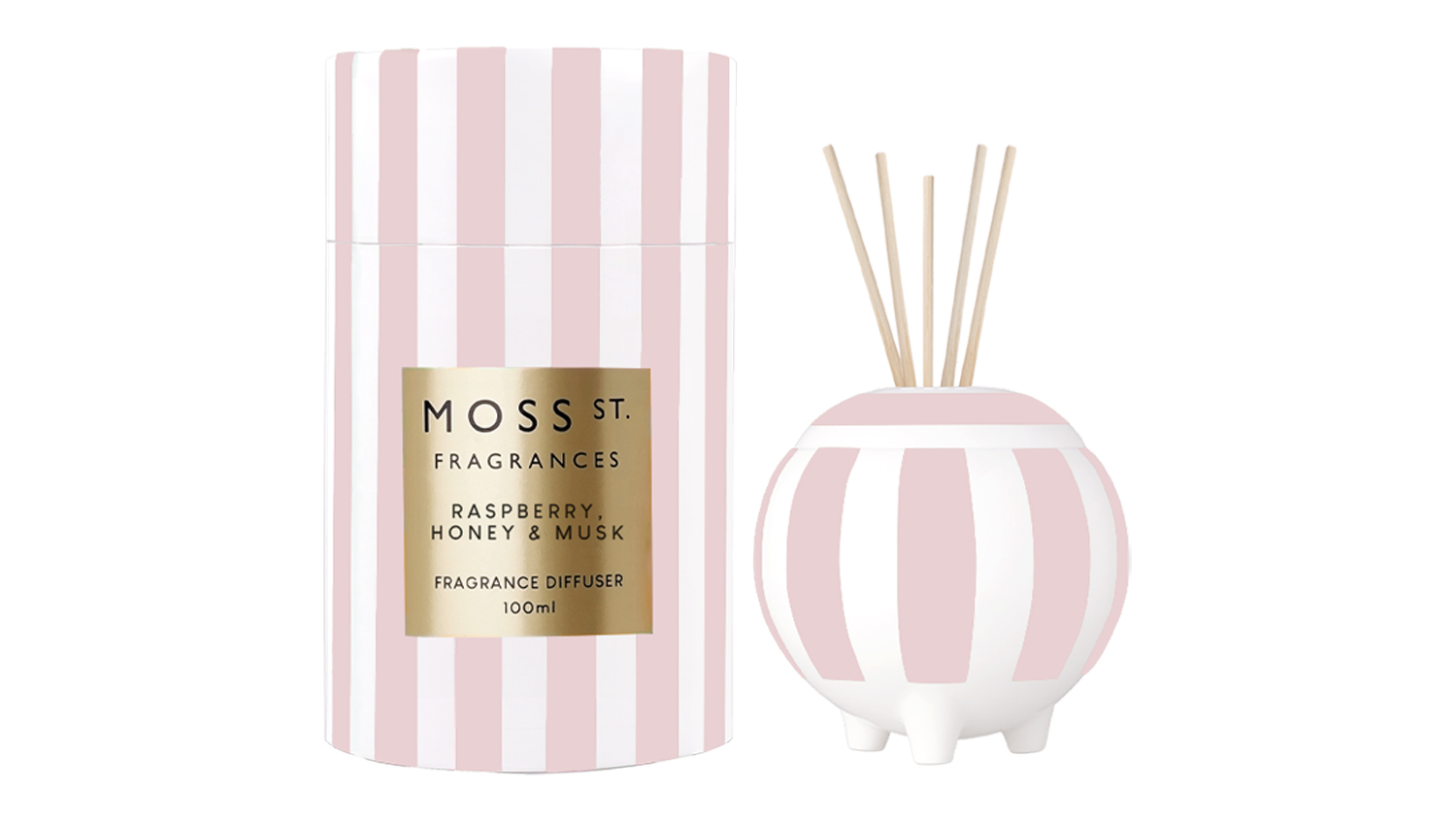 Moss St. Fragrances Raspberry, Honey & Musk ceramic mini reed diffuser beside its matching box