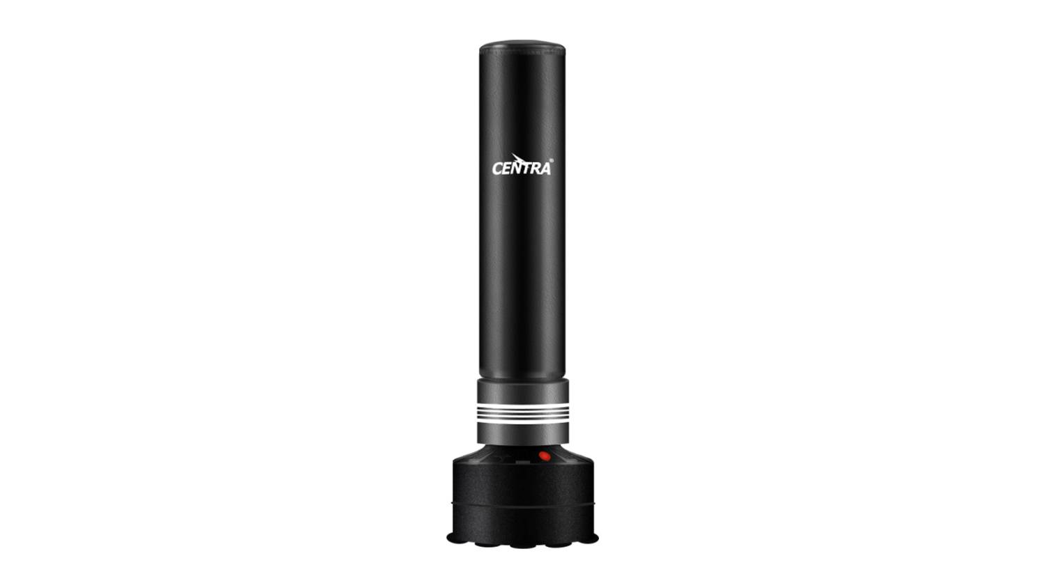 Full front view of the Centra hanging punching bag in black, standing upright on a wide, round base