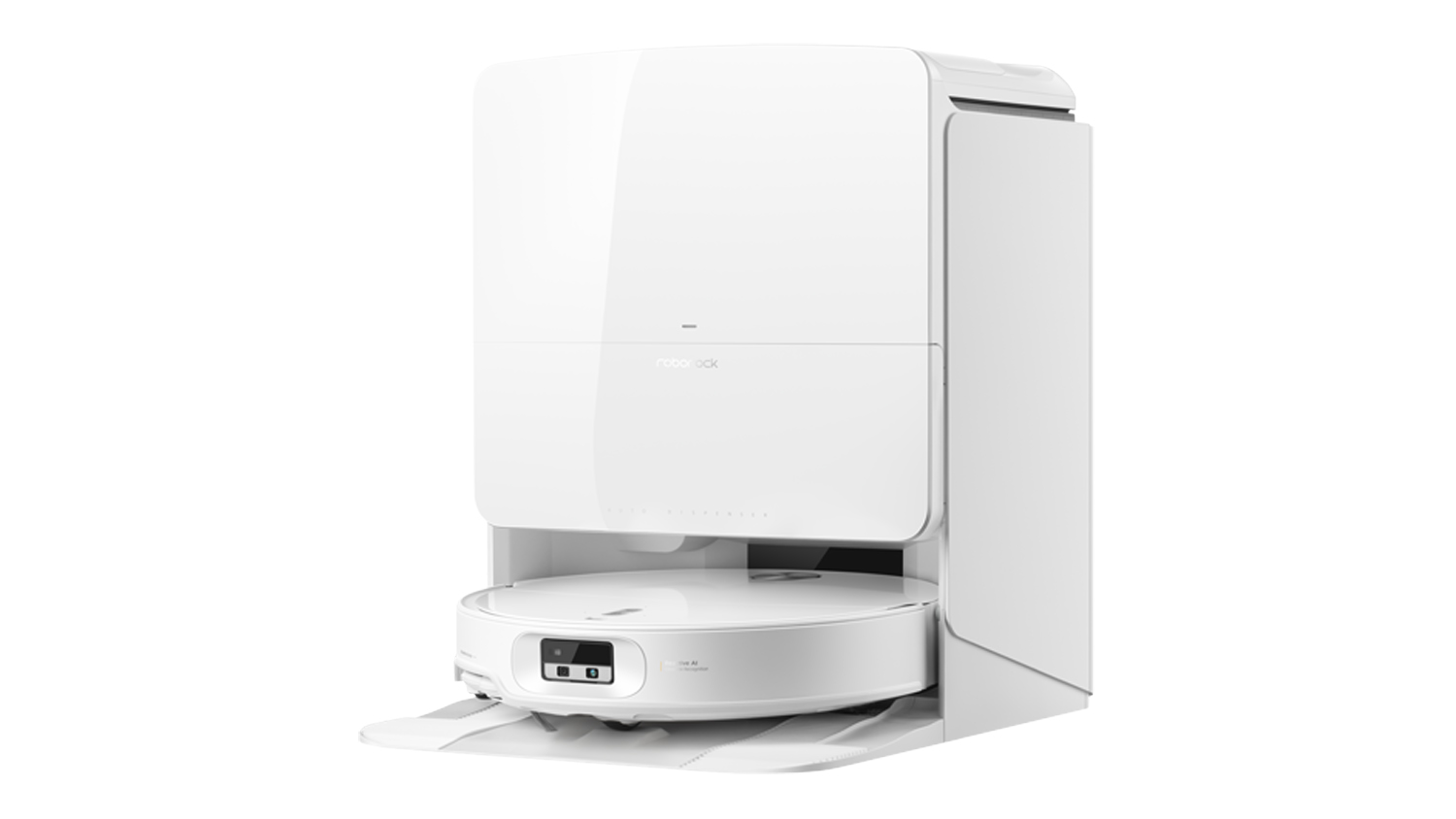 Left-facing view of the white Roborock multifunctional docking station with the circular robotic vacuum docked inside