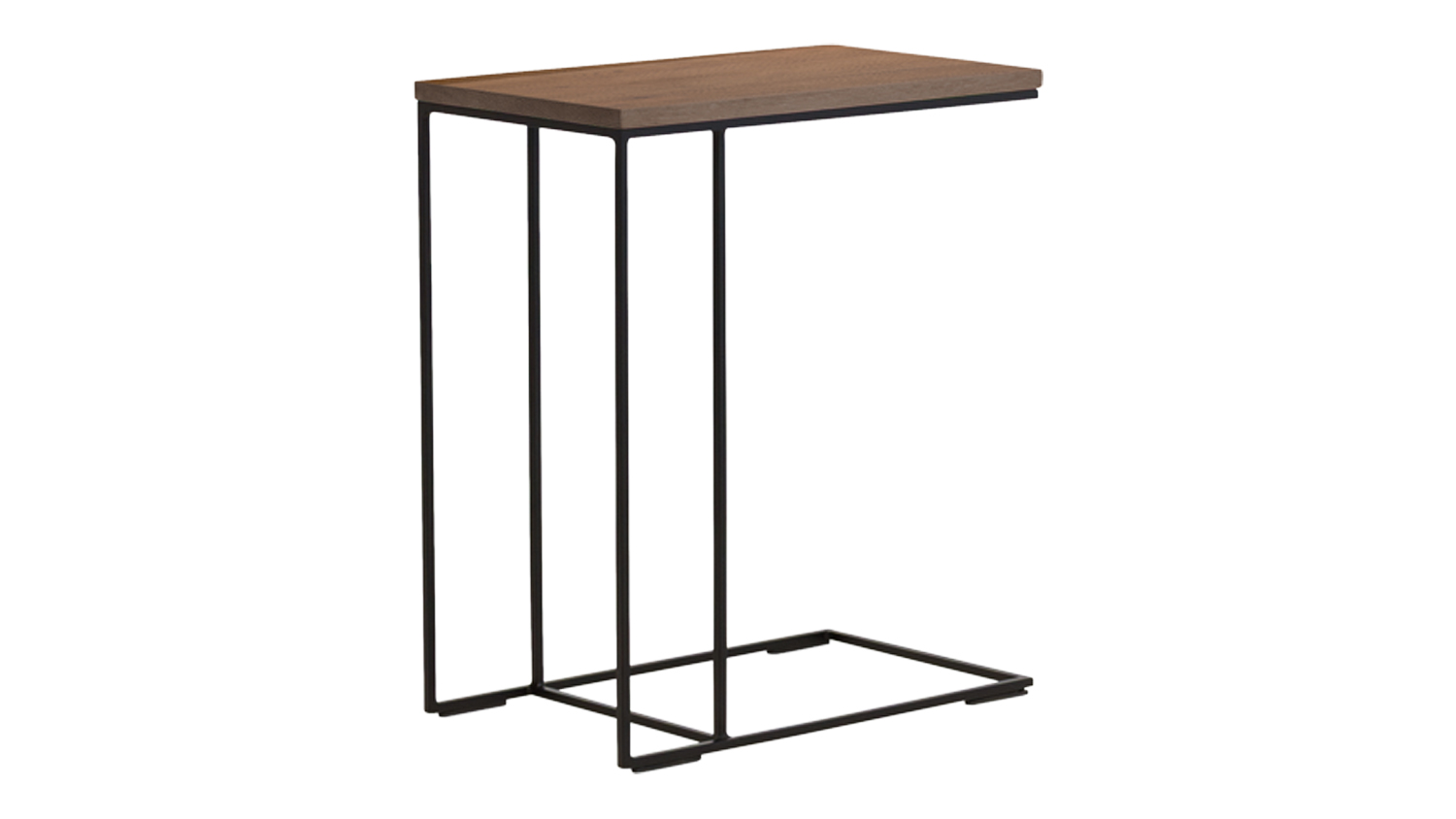 Angled left view of the table featuring the solid oak top with oiled finish and slim steel frame