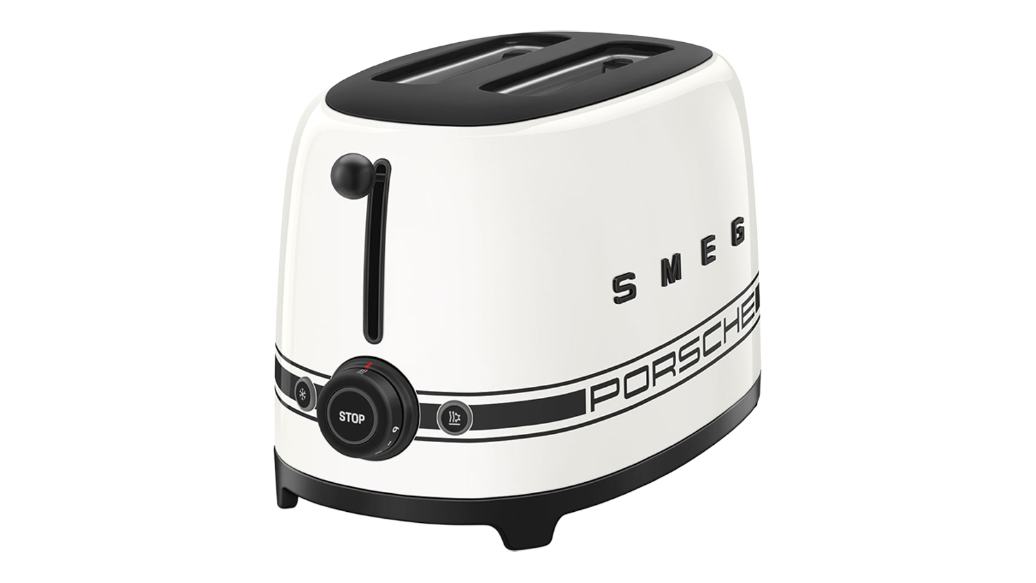Angled view of a white Smeg Porsche Edition toaster with black racing stripes and logo