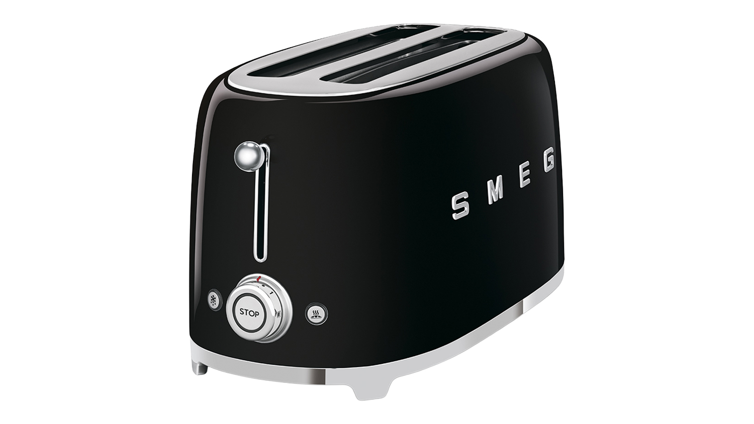 Angled front view of the Smeg 4‑slice long slot toaster in glossy black