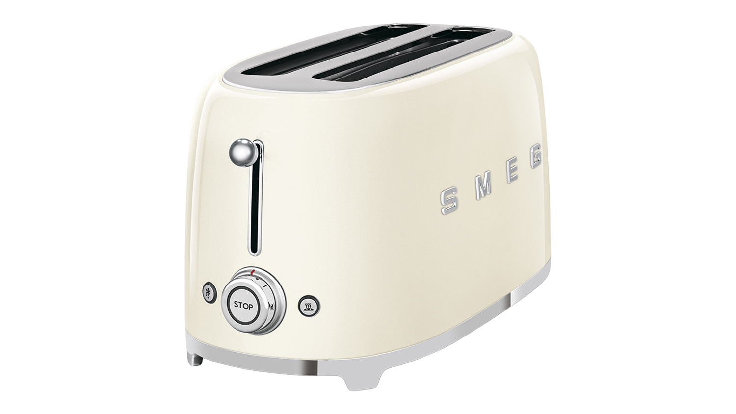 Angled front view of the Smeg 4‑slice long slot toaster in glossy cream