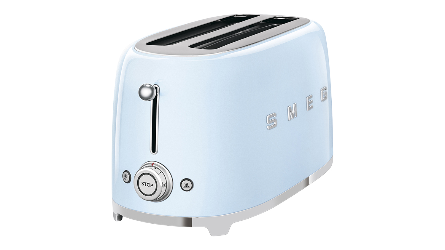 Angled front view of the Smeg 4‑slice long slot toaster in glossy pastel blue