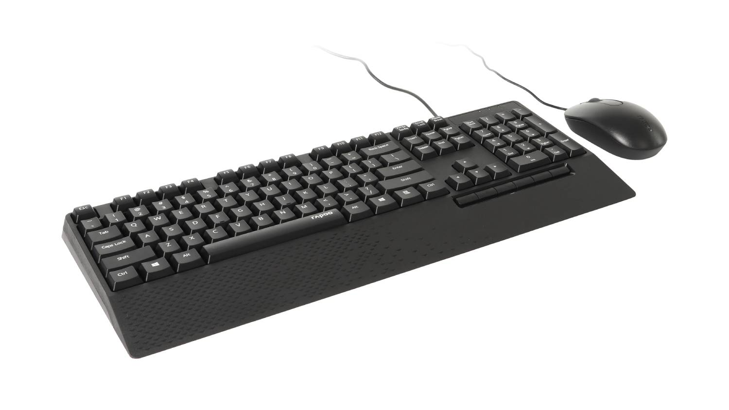 Angled front view of the Rapoo NX2000 wired keyboard and mouse set in black