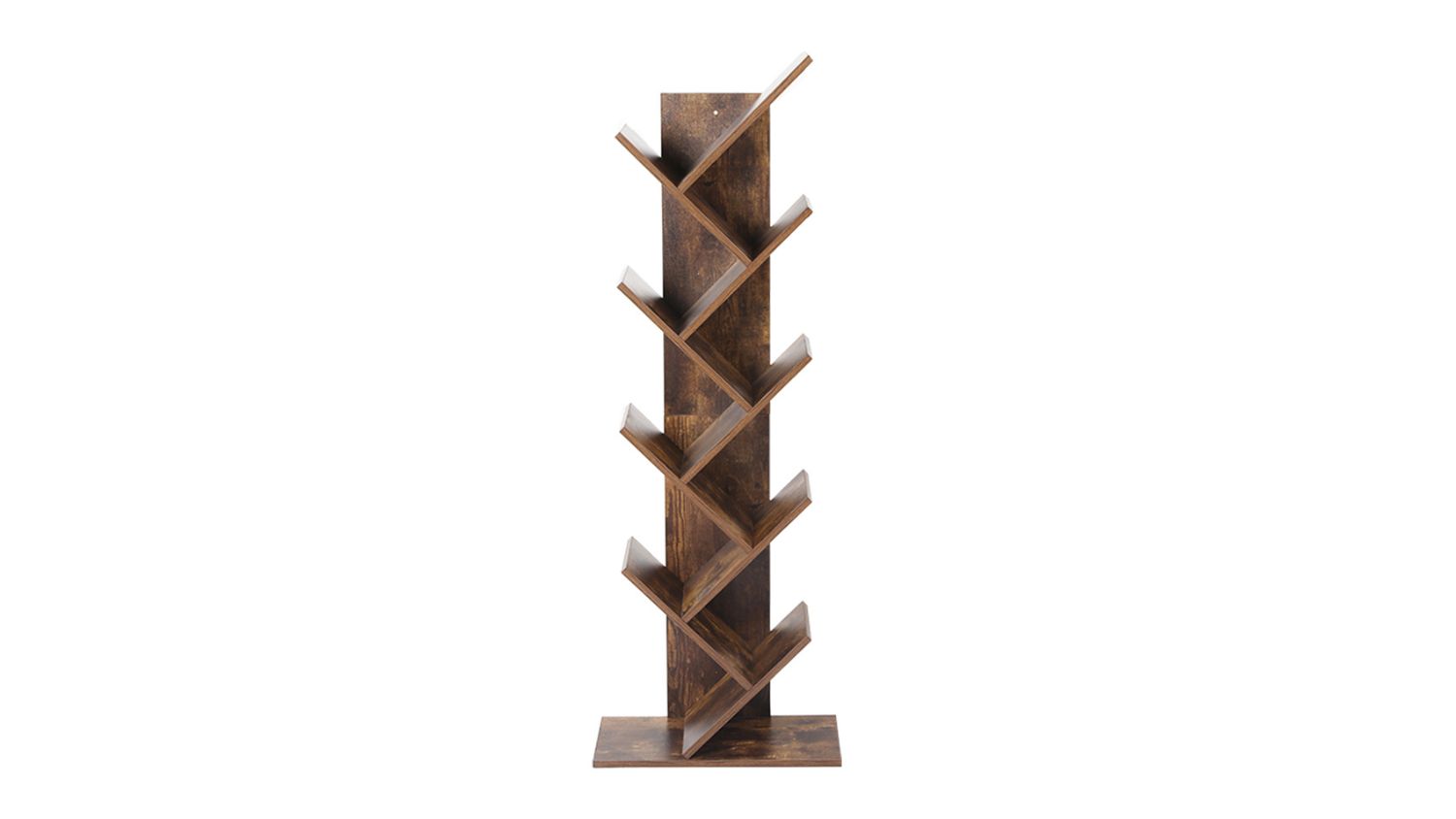 A front view of an 8‑tier wooden tree bookshelf with a dark wood finish and angled shelves on a sturdy base