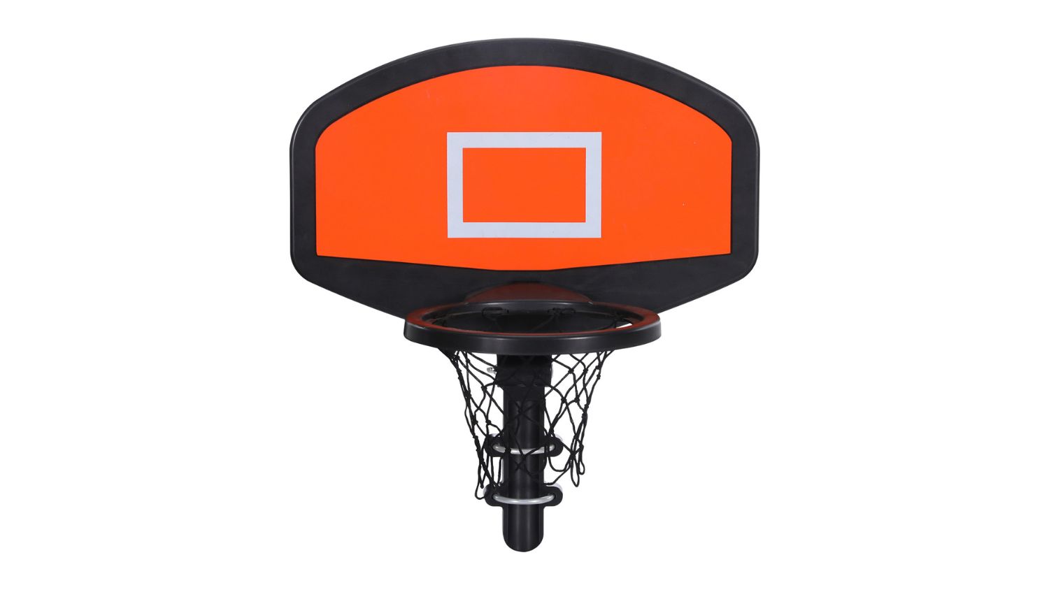 An angled view of a kids' trampoline basketball hoop showing an orange backboard, a black rim, a net, and an adjustable pole mount