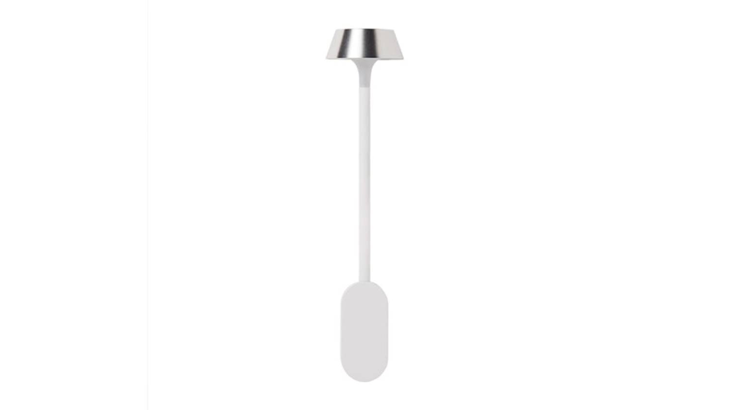 Lexon Mimi clip‑on reading lamp with a slim white flexible stem and a compact metallic aluminium lamp head