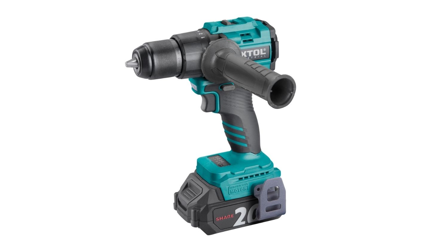 Extol SHARE20V cordless hammer drill with side handle and battery attached, shown in full view for professional drilling tasks