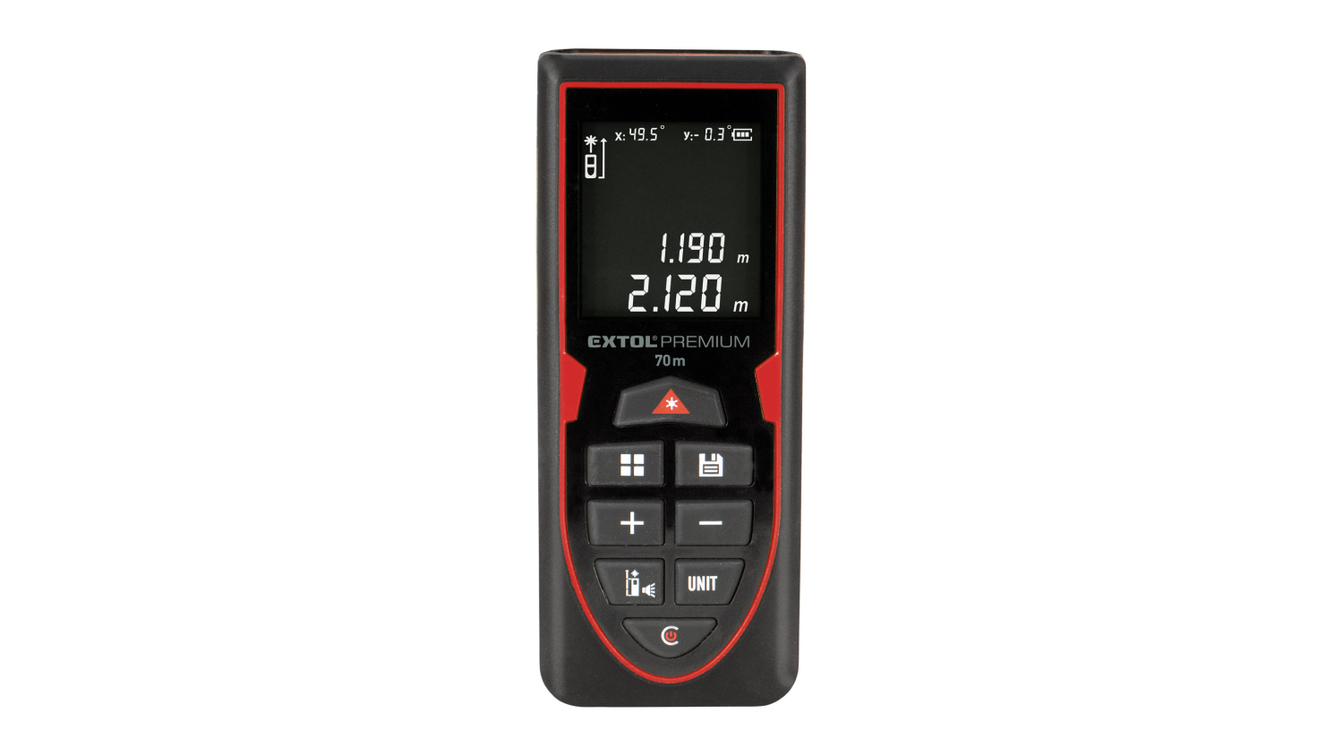 Handheld Extol rechargeable laser distance meter with a display showing measurements and buttons, housed in a black-and-red body