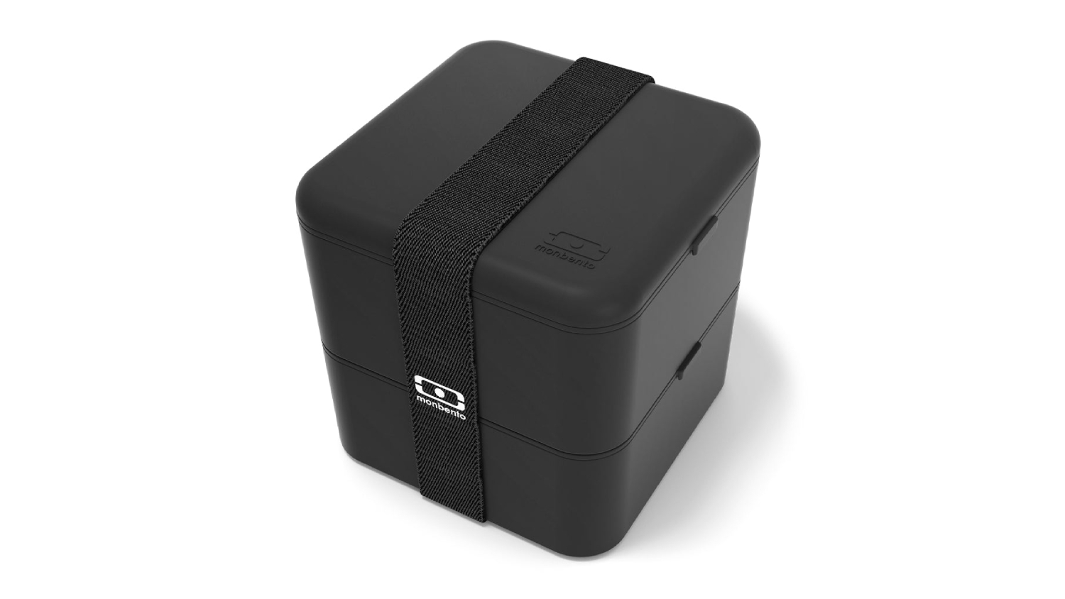 Black, square, two-tier Monbento MB Square stacking bento lunch box with rounded corners, secured by a black elastic band with a small brand logo