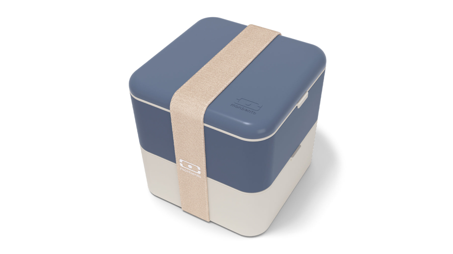 Two-tier blue and cream Monbento MB Square stacking bento box with a beige elastic strap, rounded corners, and the Monbento logo on the lid