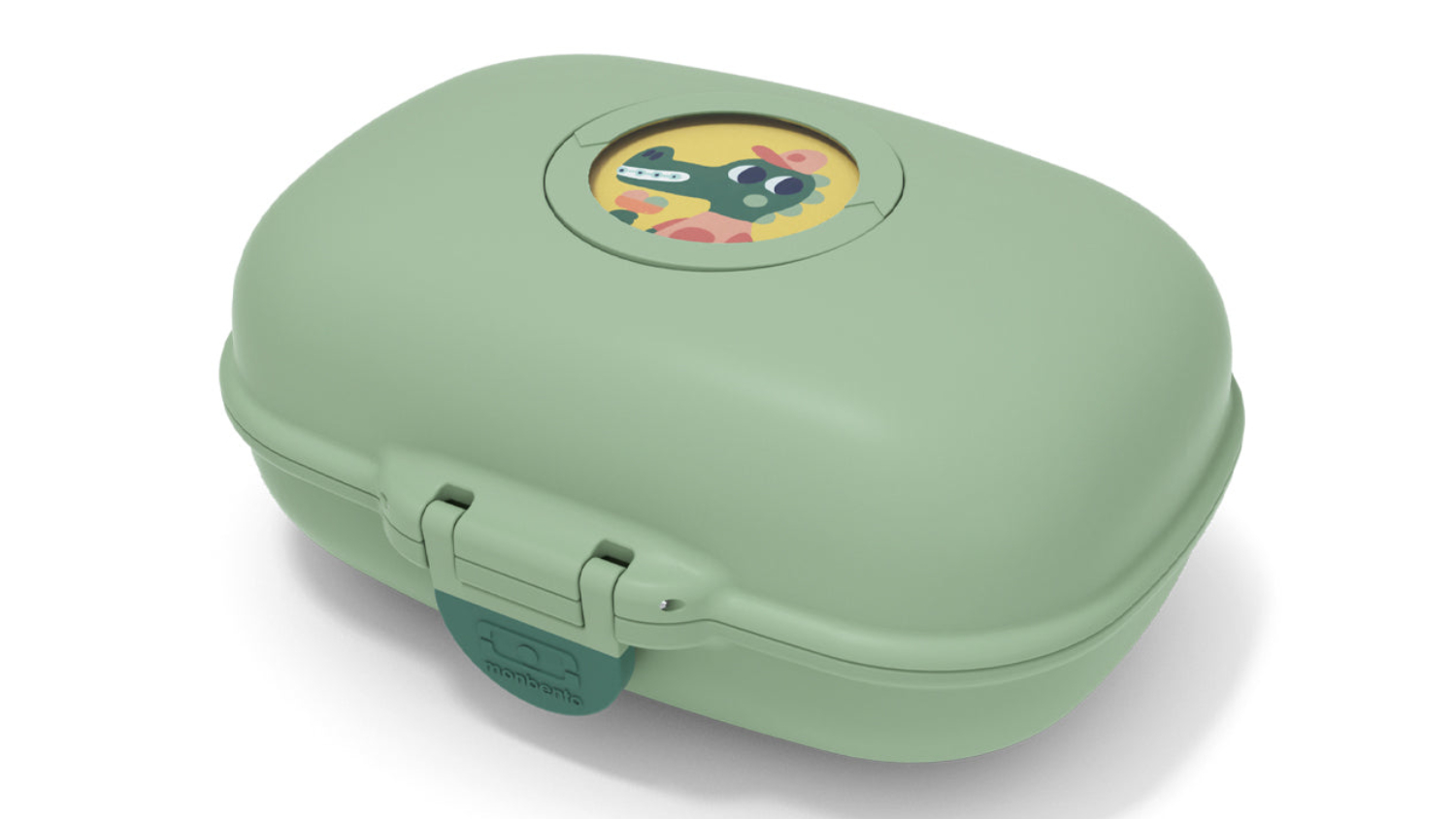 Green forest Monbento Gram children’s snack box with rounded corners, a front latch, and a circular window showing a playful character on the lid