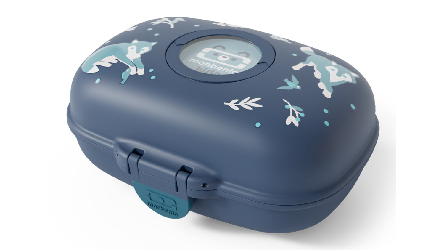 Blue wolf Monbento Gram children’s snack box with animal illustrations, rounded corners, a front latch, and a circular logo window on the lid