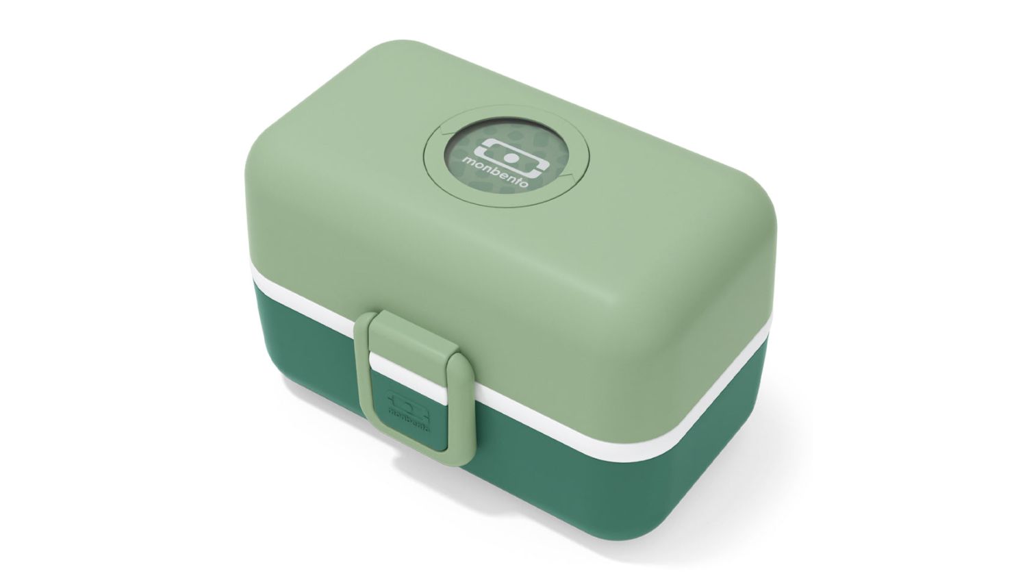 Monbento Tresor Children's Bento Lunch Box in green with secure latch and logo