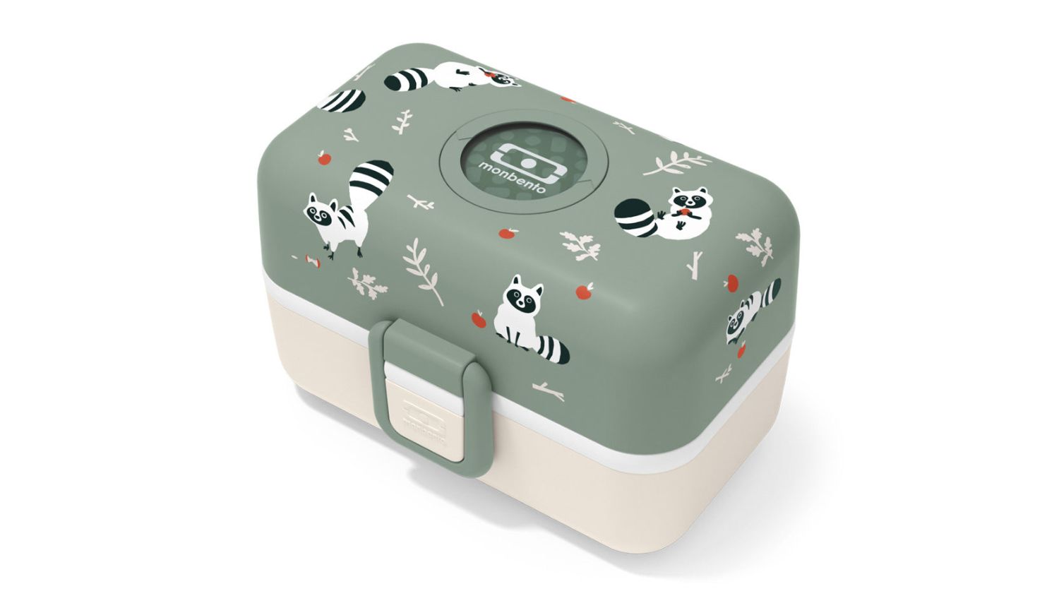 Monbento Tresor Children's Bento Lunch Box featuring playful raccoon pattern in green lid and beige base