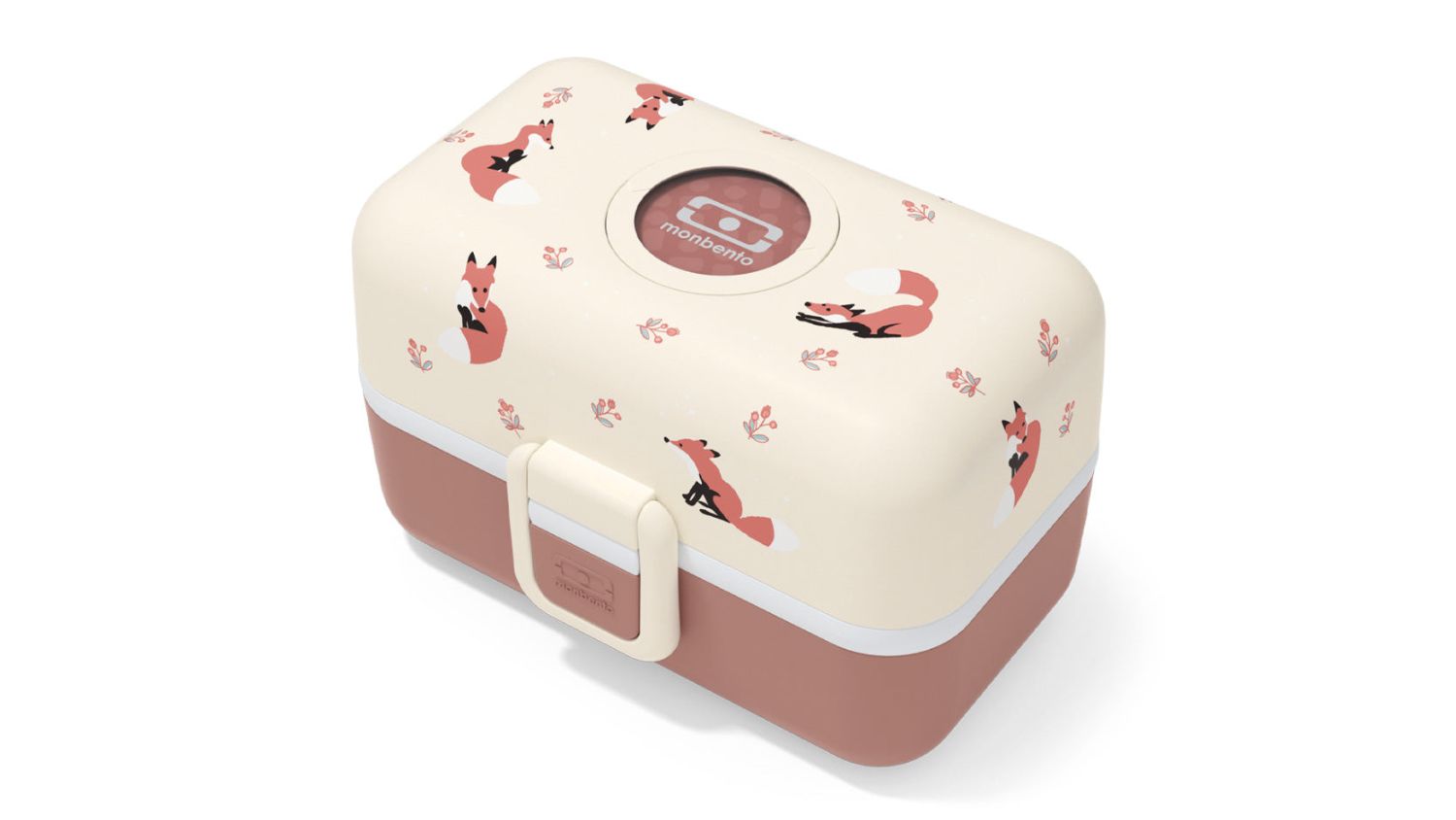 Monbento Tresor Children's Bento Lunch Box featuring playful fox pattern in beige lid and brown base