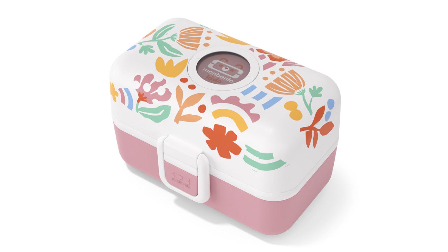 Monbento Tresor Children's Bento Lunch Box featuring a colourful flower pattern and a white lid and pink base