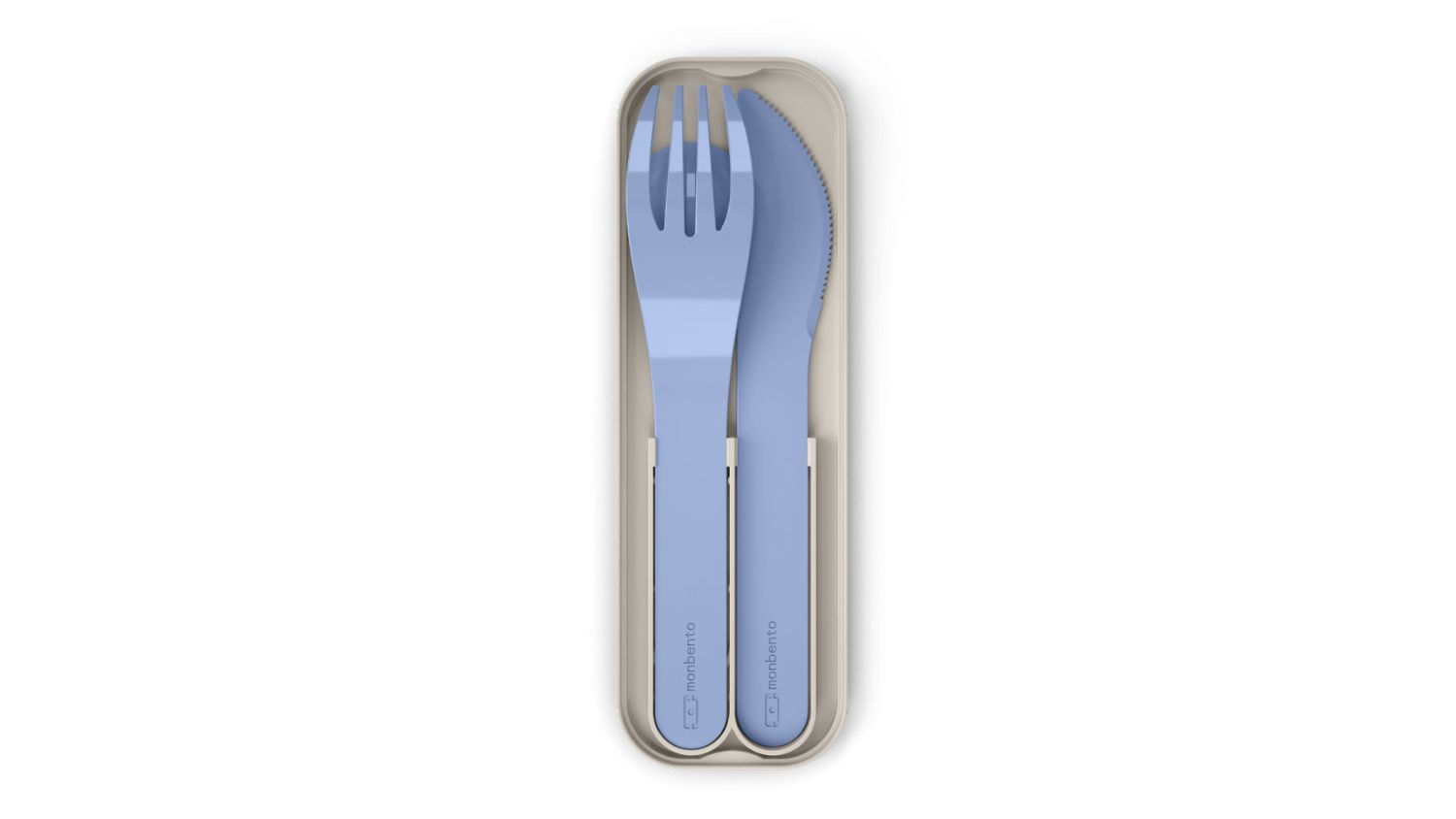 Monbento Pocket portable cutlery set with blue fork, spoon, and knife neatly stored in a reusable case