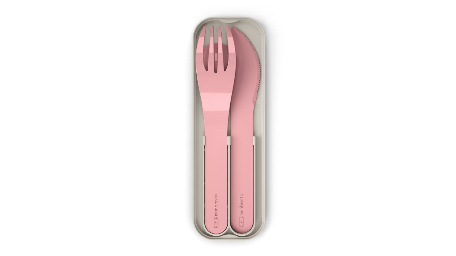Monbento Pocket portable cutlery set with pink fork, spoon, and knife neatly stored in a reusable case