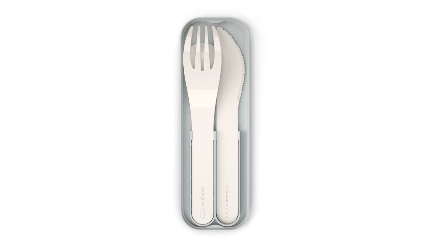 Monbento Pocket portable cutlery set with white fork, spoon, and knife neatly stored in a grey reusable case