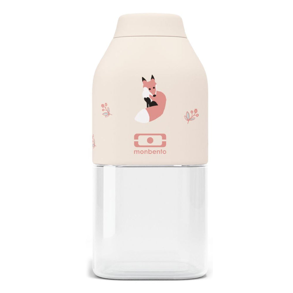 Beige-and-clear Monbento Positive Small Drink Bottle with a fox illustration and small floral accents, featuring the Monbento logo on the front