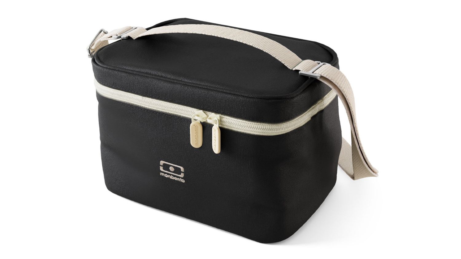 A left-angled view of the Monbento Arctic Lunch Bag in black onyx finish