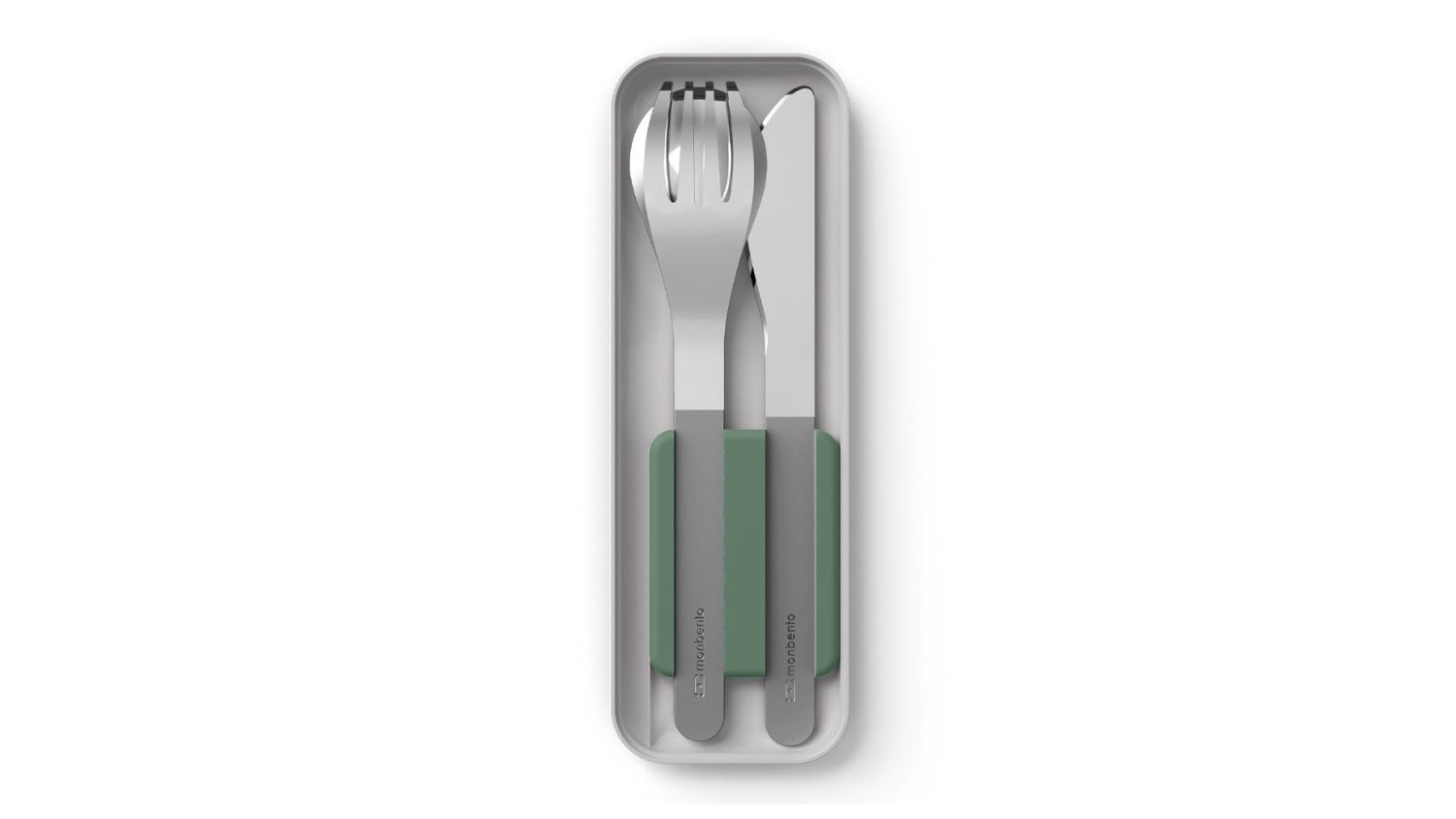 Monbento Slim Nest portable cutlery trio in a case with stainless steel fork, spoon, and knife neatly arranged