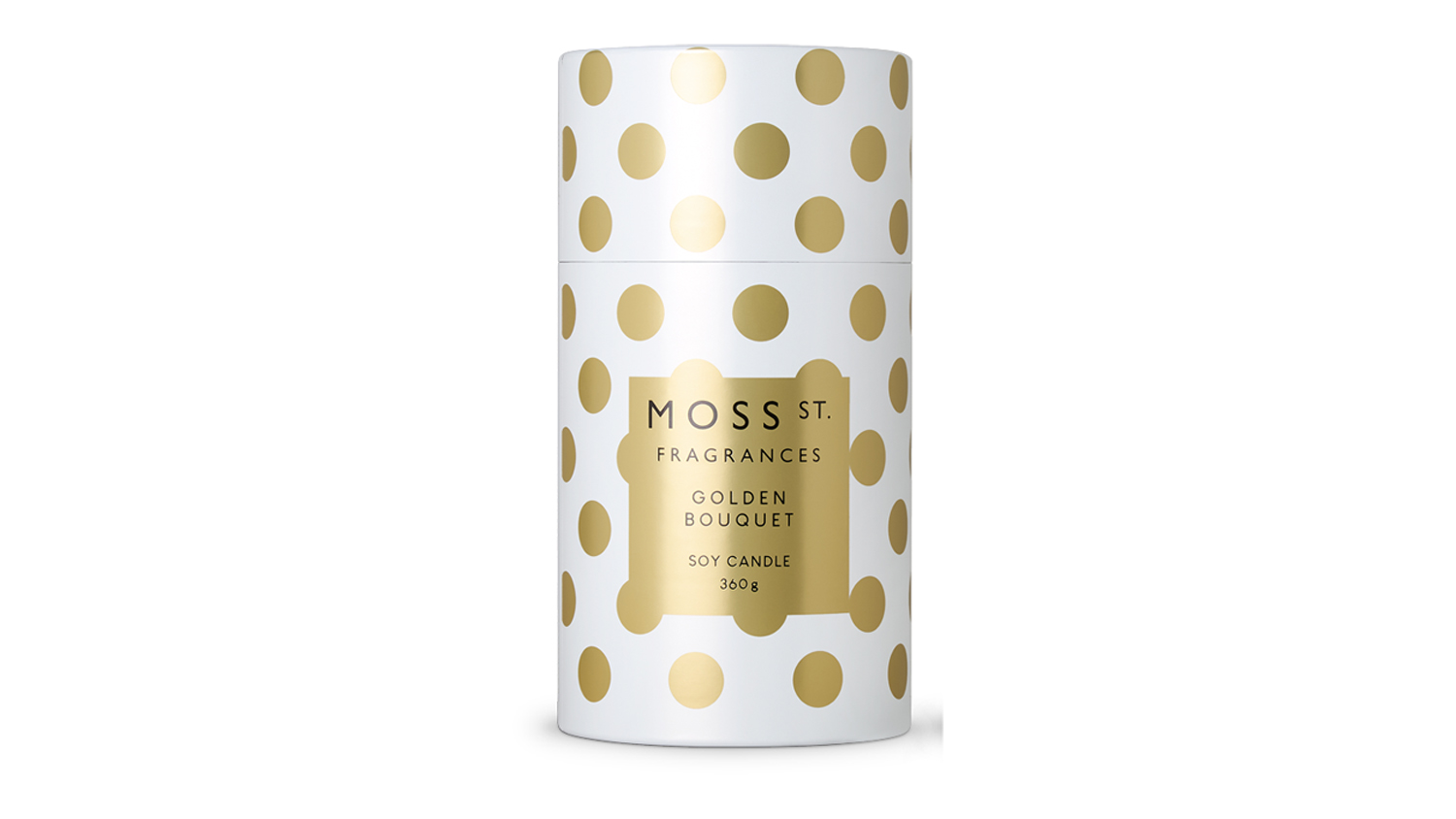 Front view of the Moss St. Fragrances Golden Bouquet soy candle packaging