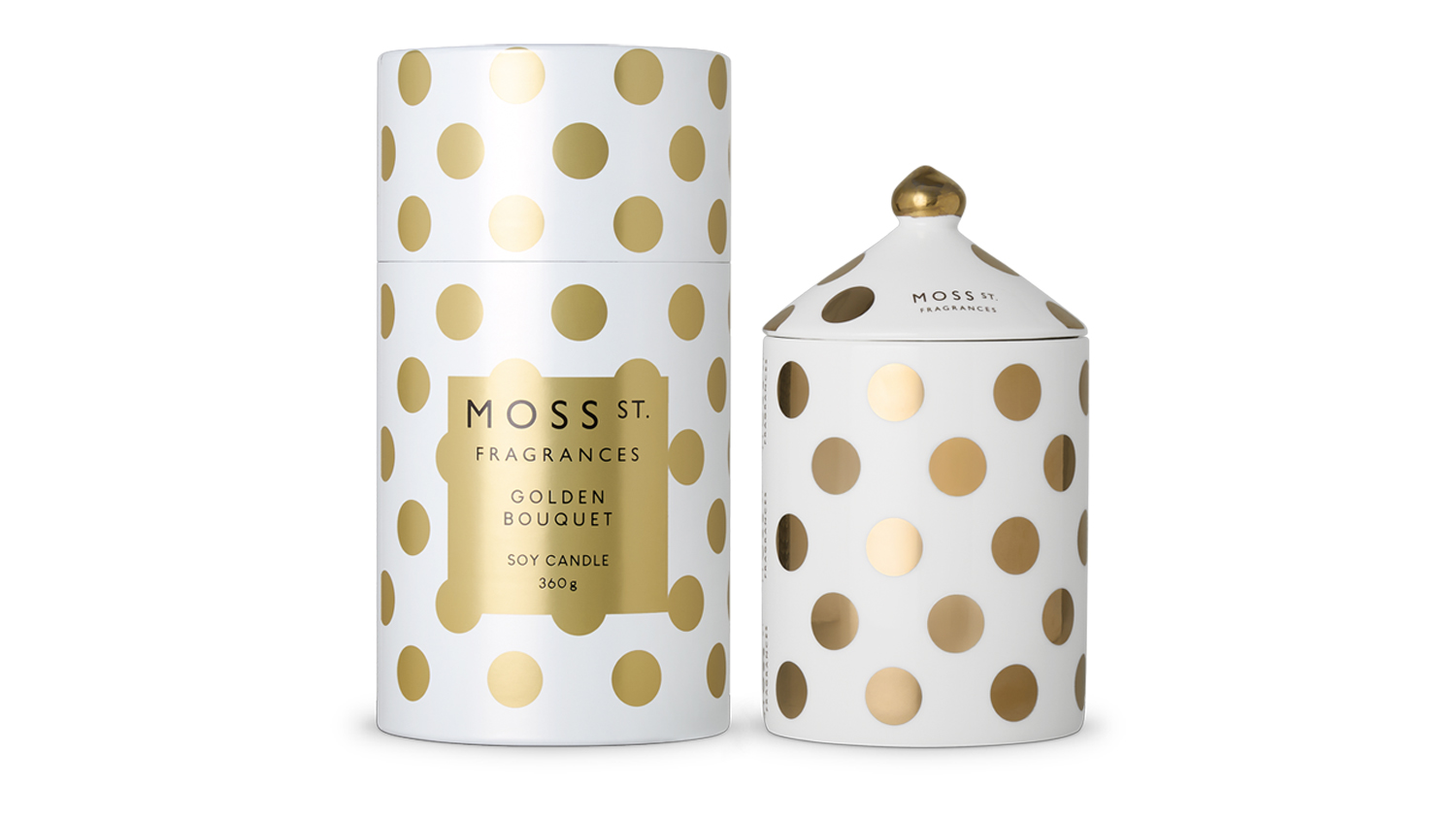 Moss St. Fragrances Golden Bouquet soy candle shown beside its ceramic lid and cylindrical box