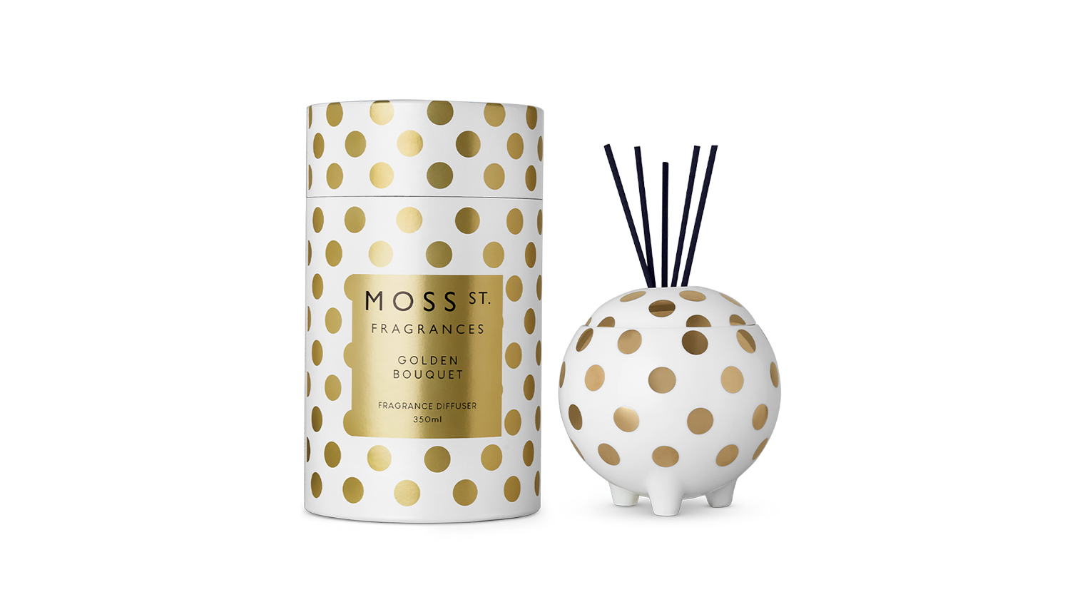 Moss St. Fragrances Golden Bouquet 350ml ceramic reed diffuser shown beside its matching cylindrical box