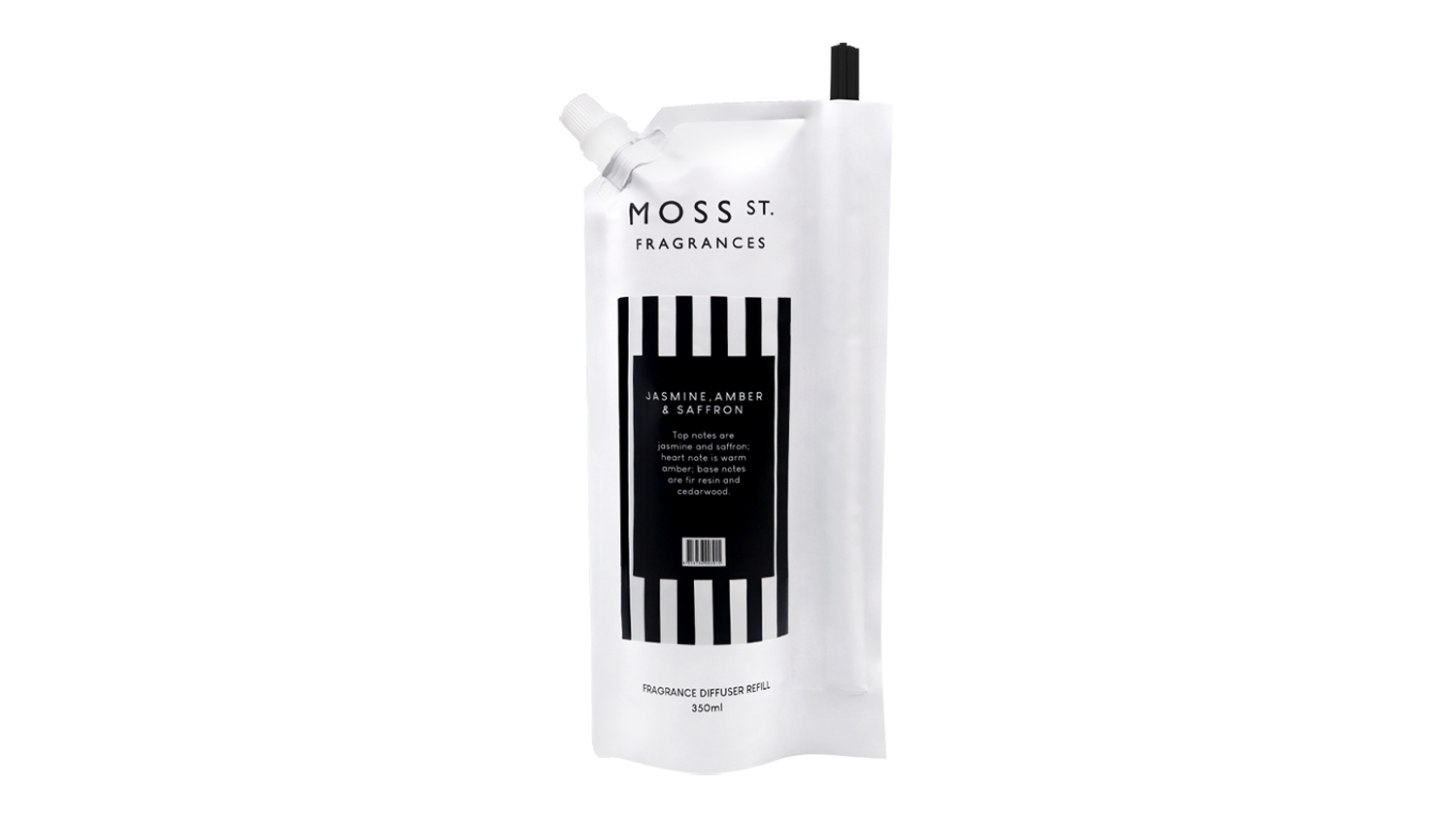Moss St. Fragrances 350ml diffuser refill pouch in Jasmine, Amber & Saffron scent with a built‑in pouring spout