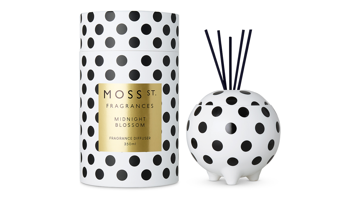 Moss St. Fragrances Midnight Blossom 350ml ceramic reed diffuser shown beside its matching cylindrical box