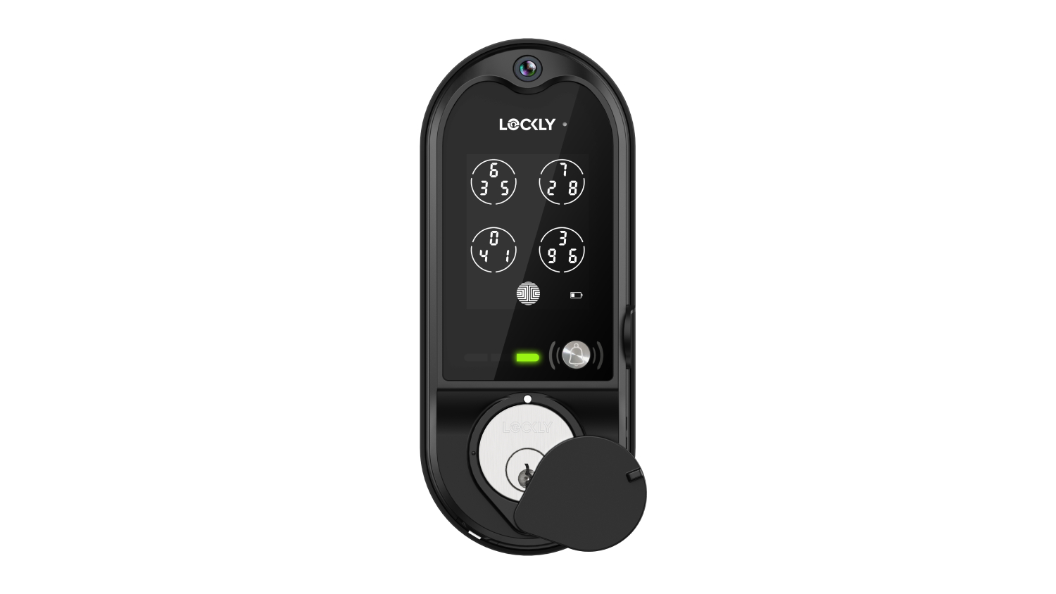 Black Lockly Vision Smart Door Lock with a touchscreen keypad, top‑mounted camera, and concealed keyhole