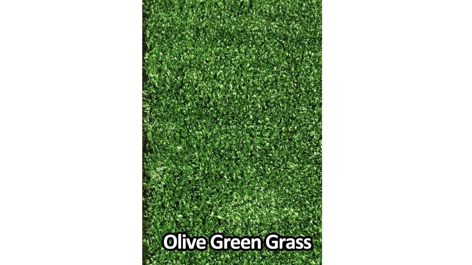 Close‑up view of olive green artificial grass showing dense, short synthetic blades with a uniform texture