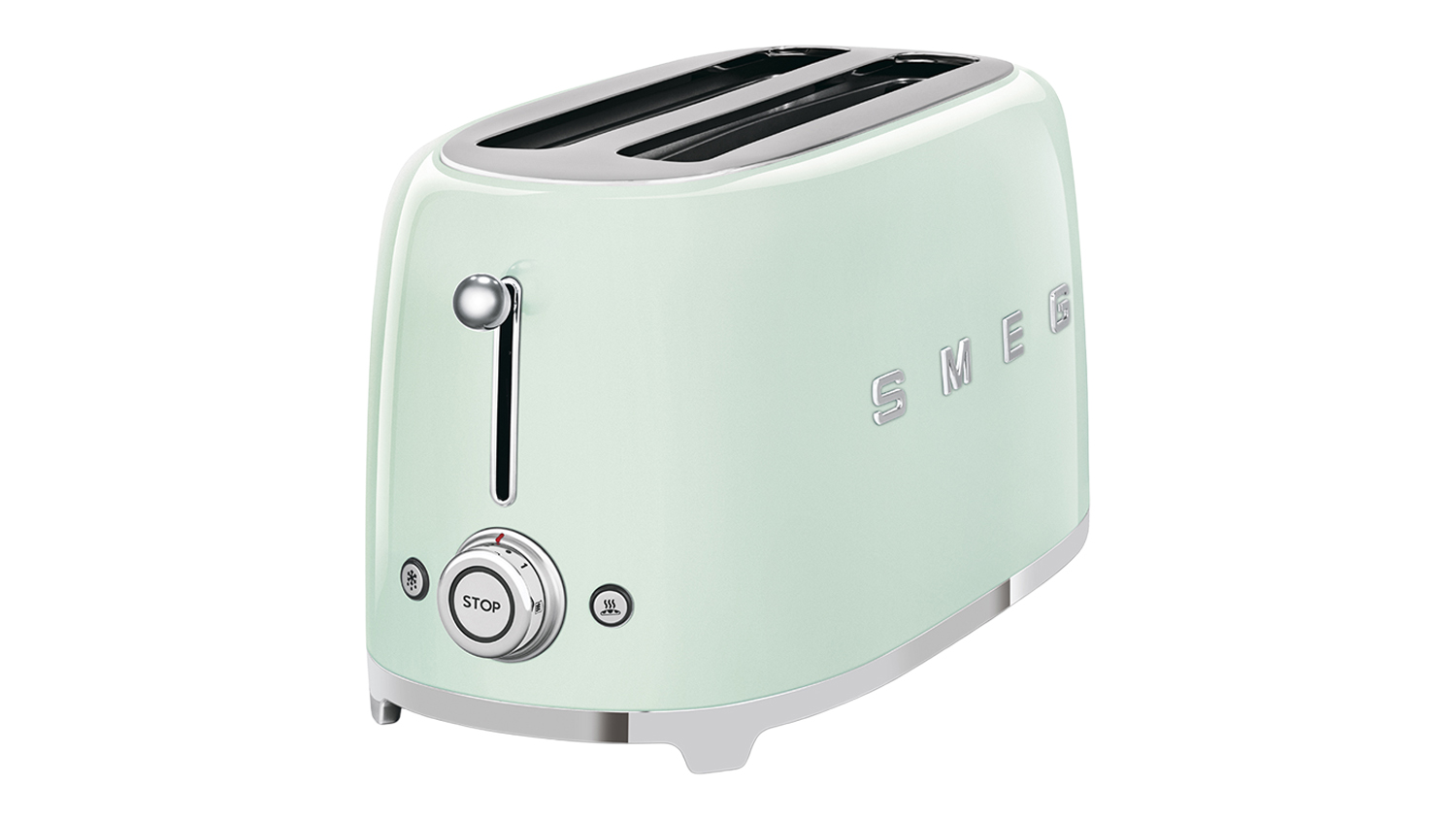 Angled front view of the Smeg 4‑slice long slot toaster in glossy pastel green