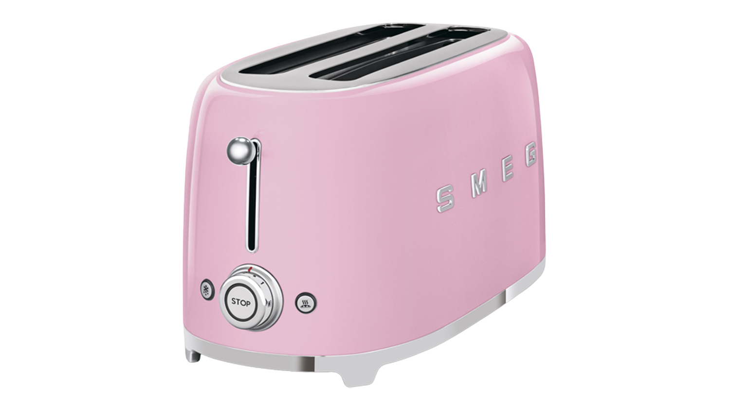 Angled front view of the Smeg 4‑slice long slot toaster in glossy pink