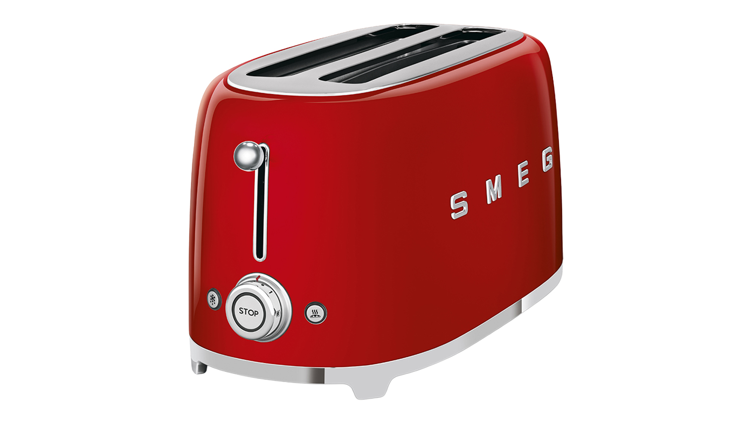 Angled front view of the Smeg 4‑slice long slot toaster in glossy red