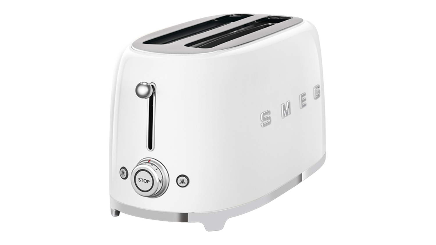 Angled front view of the Smeg 4‑slice long slot toaster in glossy white