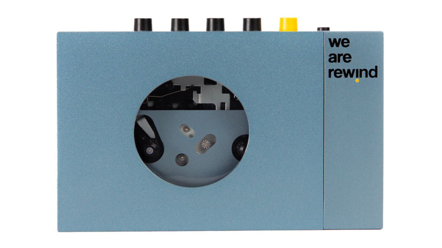 We Are Rewind "Kurt" Portable Cassette Player in blue with visible tape mechanism window