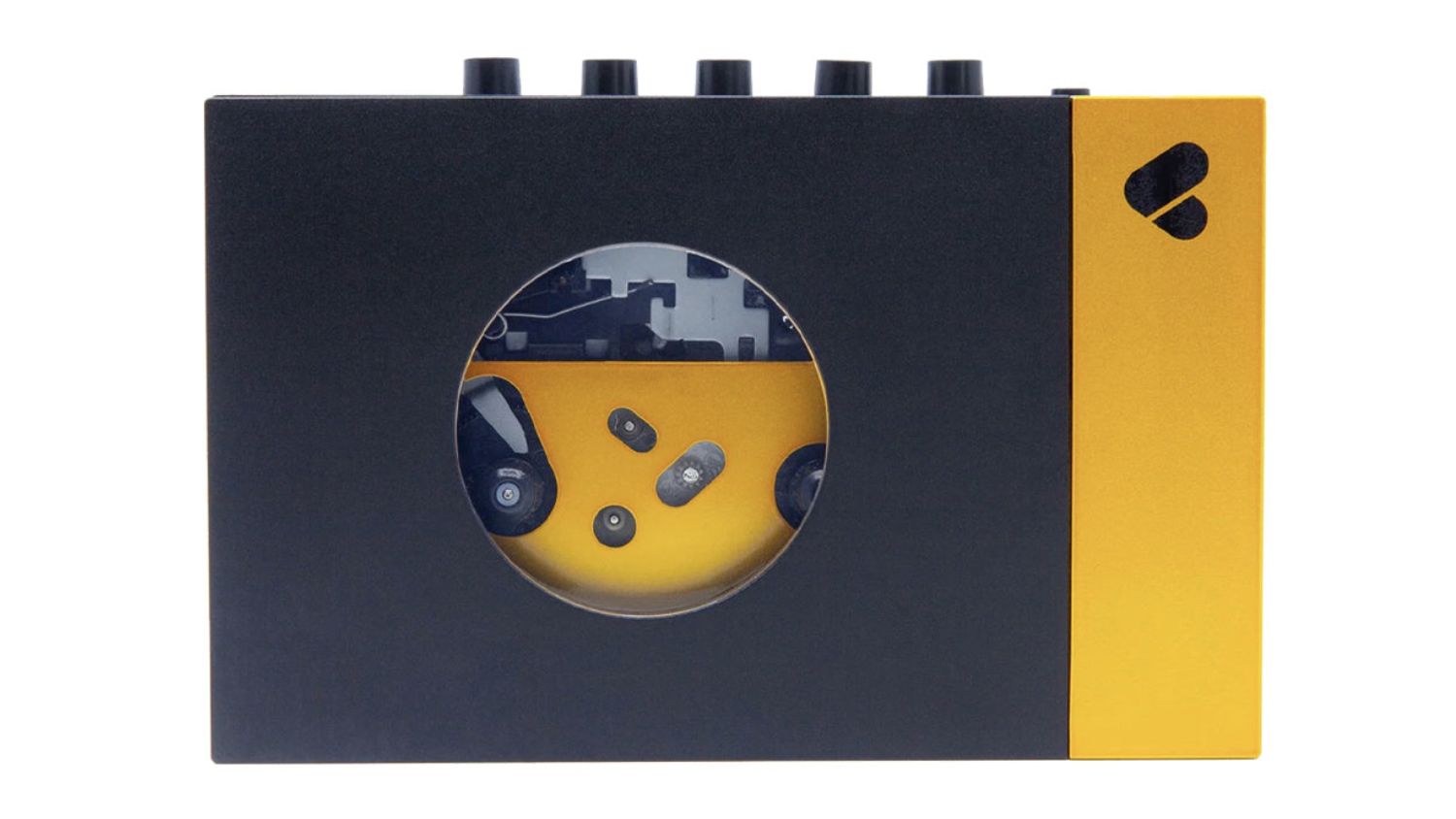 We Are Rewind "Amy" Portable Cassette Player in black and yellow with visible tape mechanism window