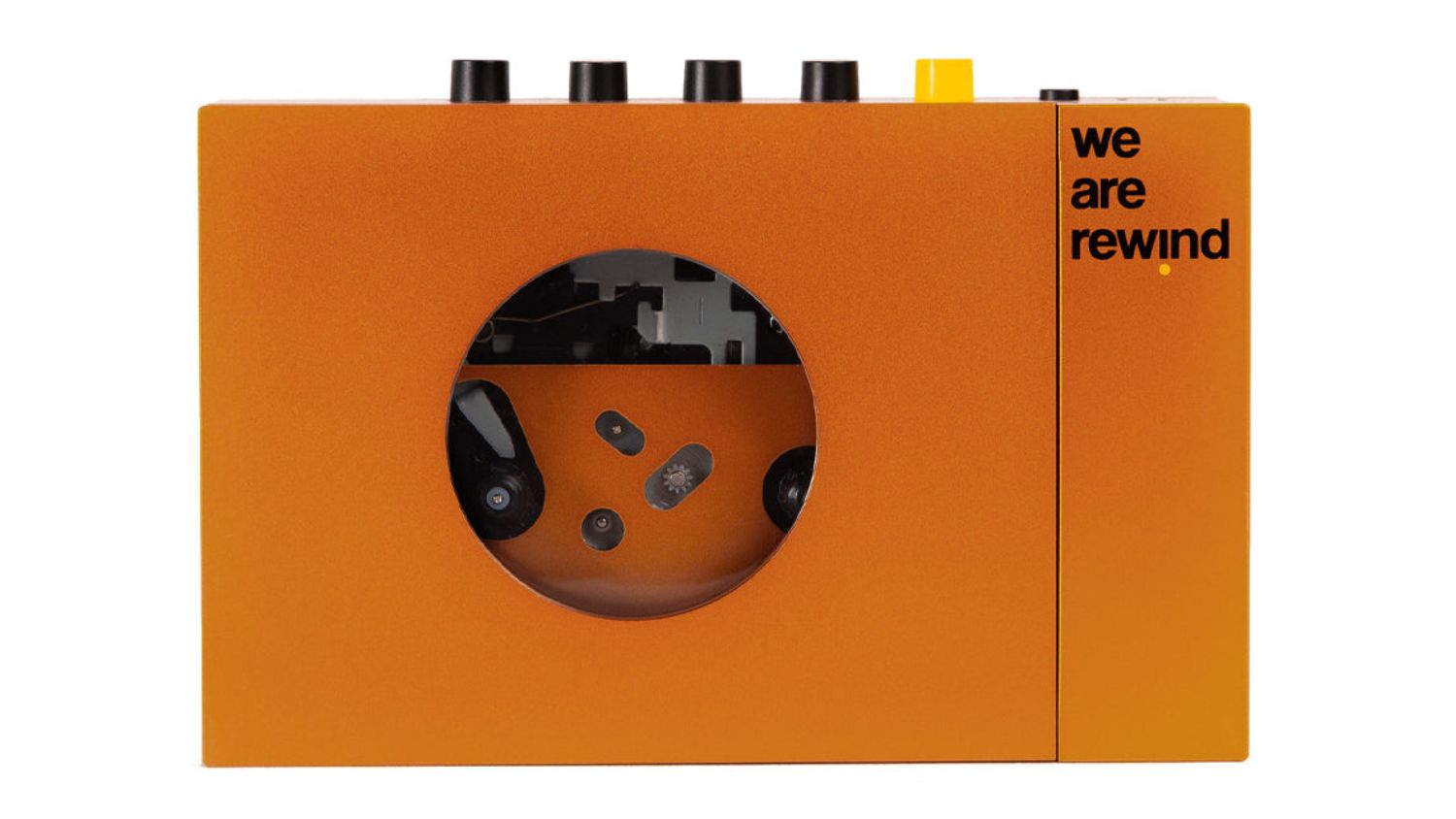 We Are Rewind "Serge" Portable Cassette Player in orange with visible tape mechanism window
