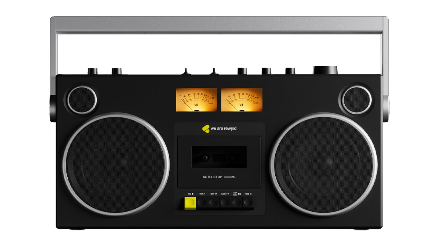 Black We Are Rewind Blaster retro-style boombox with dual speakers, a cassette deck, VU meters, control knobs, and a carrying handle