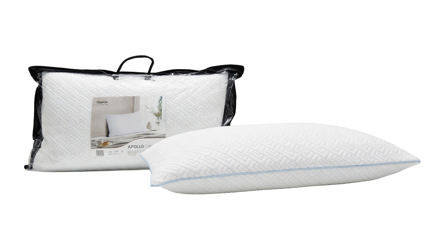 Apollo Cooling Pillow by Tempur Large shown outside and inside its clear zippered carry bag
