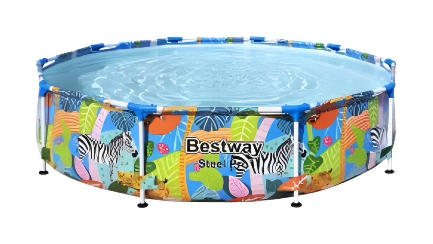 An above-ground NNEVL Bestway Steel Pro pool featuring a colourful jungle animal print with zebras and tropical leaves