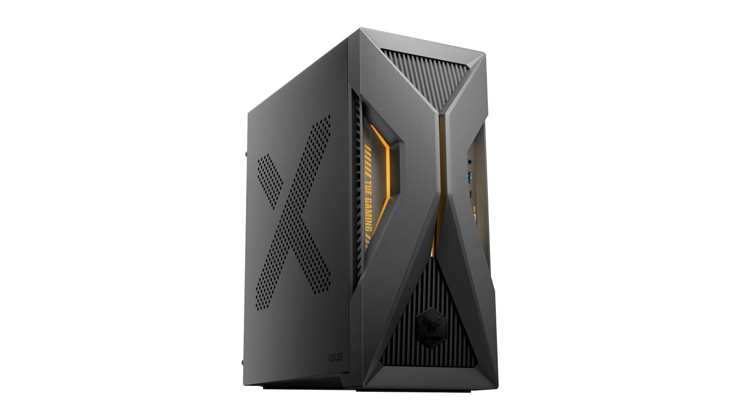 Grey ASUS TUF Gaming desktop tower with angular design and illuminated yellow-orange strip