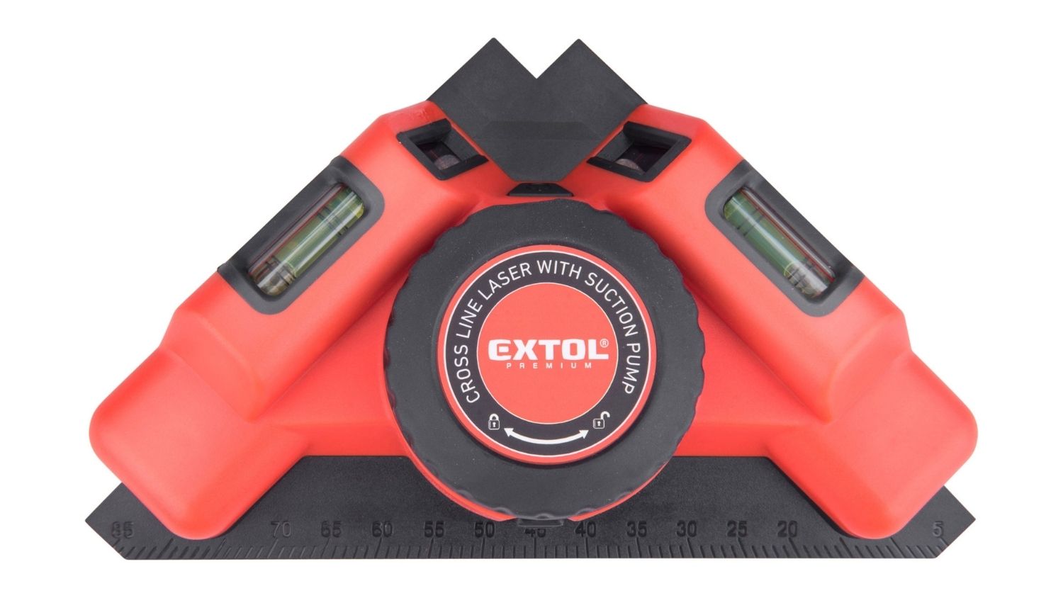 A front view of the Extol right-angle laser level with built‑in bubble vials and measurement scale