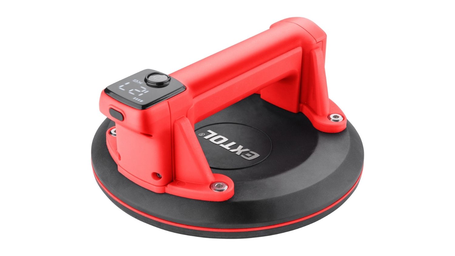 An angled view of the Extol Vacuum Suction Lifting Handle 20cm digital display and ergonomic grip
