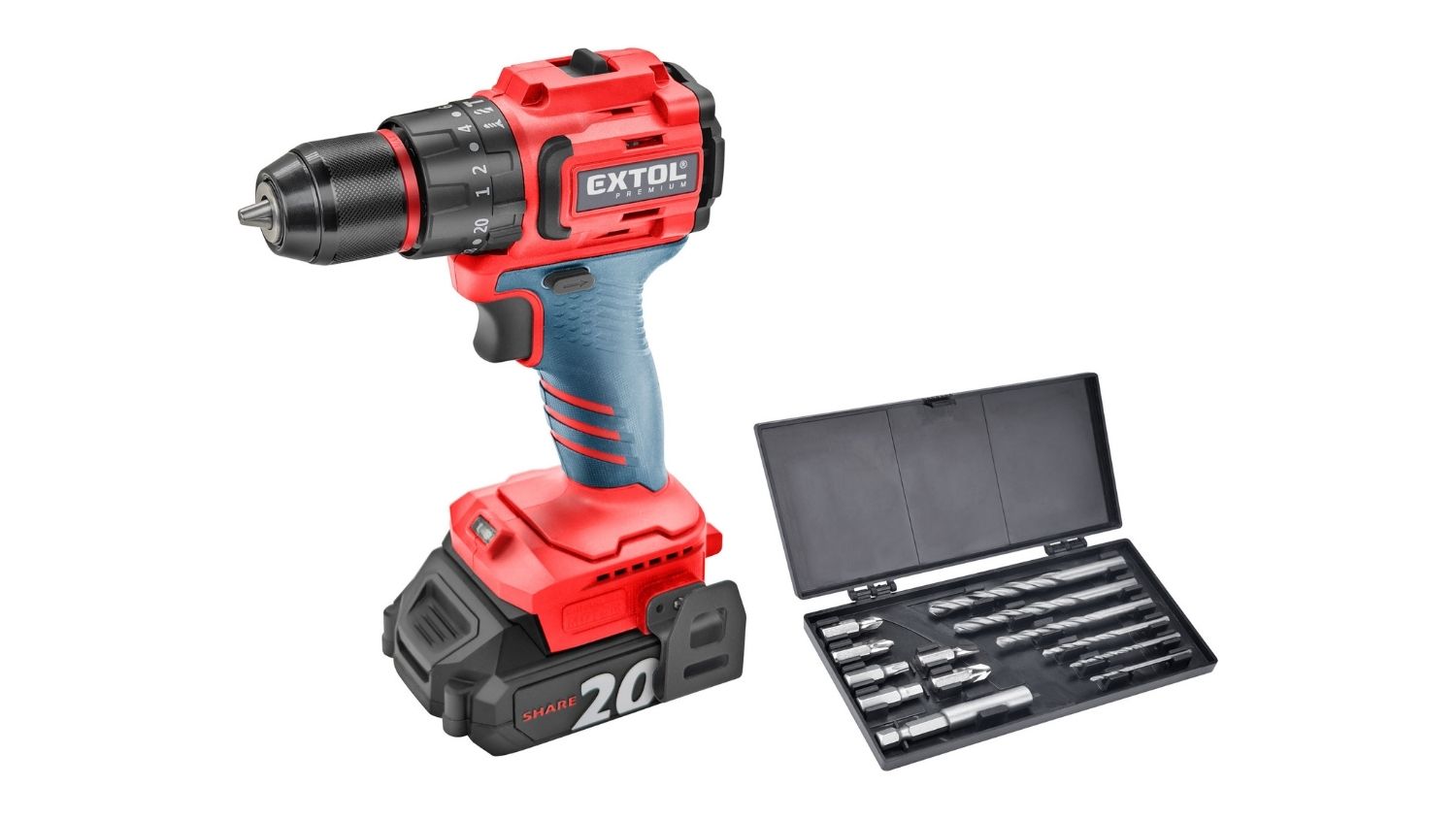 Extol Premium SHARE20V cordless drill with battery installed, shown alongside a drill bit set in a compact storage case